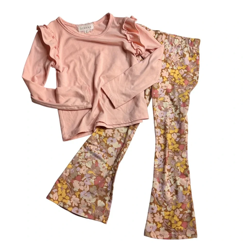 Btween Girls 4T Pink Ruffle Long Sleeve Top Floral Bell Bottom Leggings Set - Picture 1 of 2
